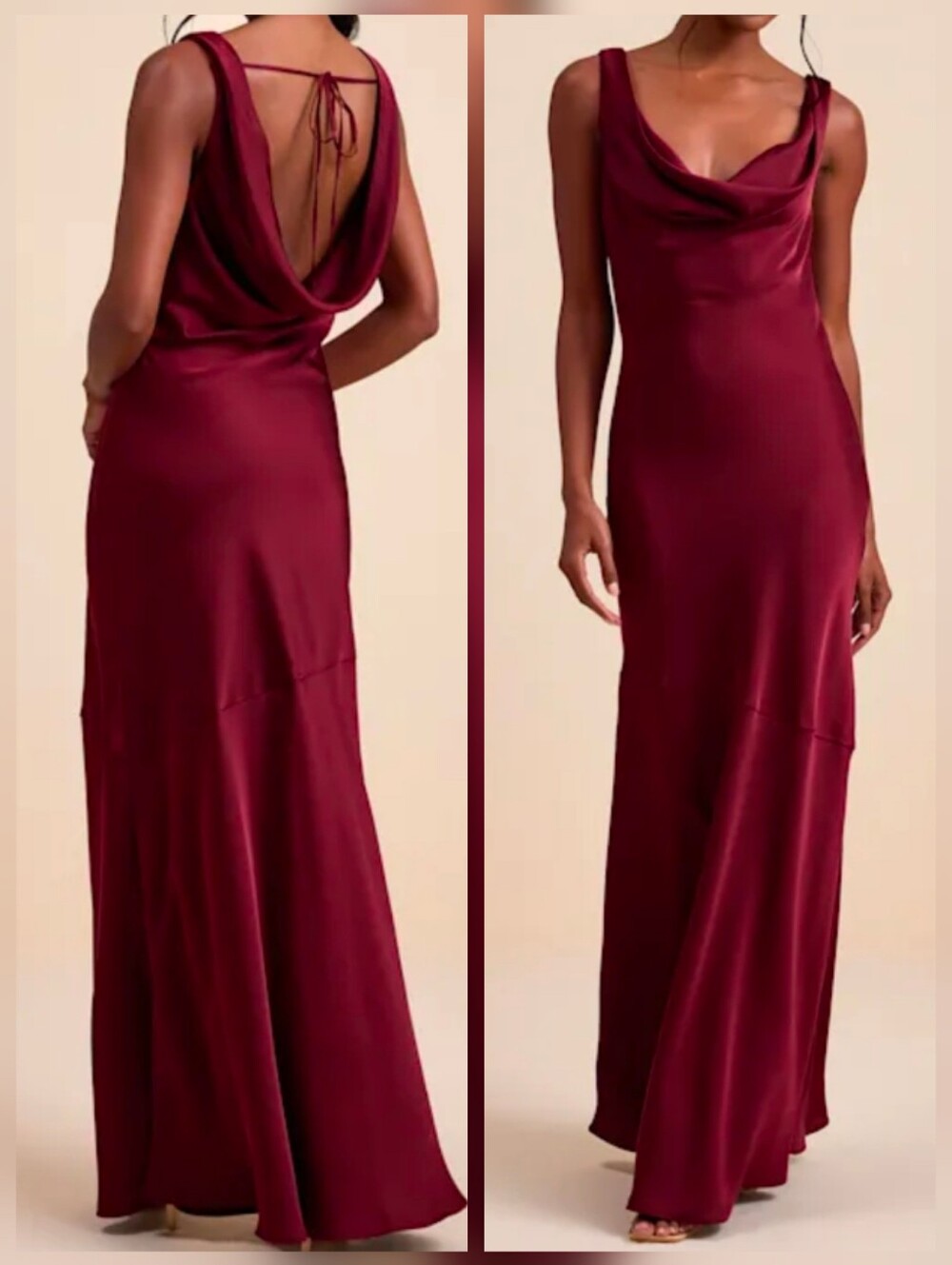 Lulus Aernah Wine Red Satin Cowl Tie-Back Slip Maxi Dress, Size XS, NWT! FLAW